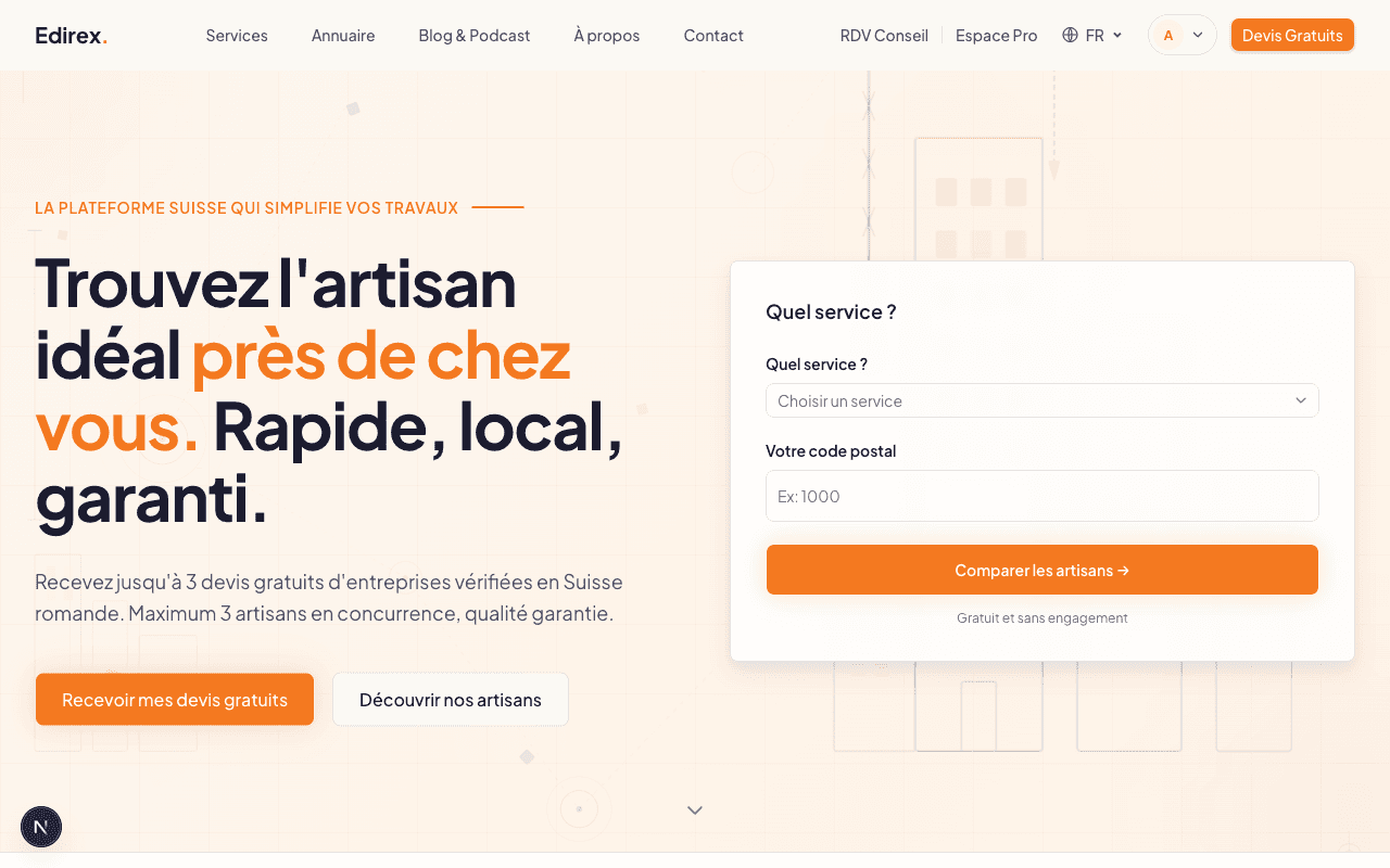 Page d'accueil de la plateforme EDIREX reconstruite en Next.js