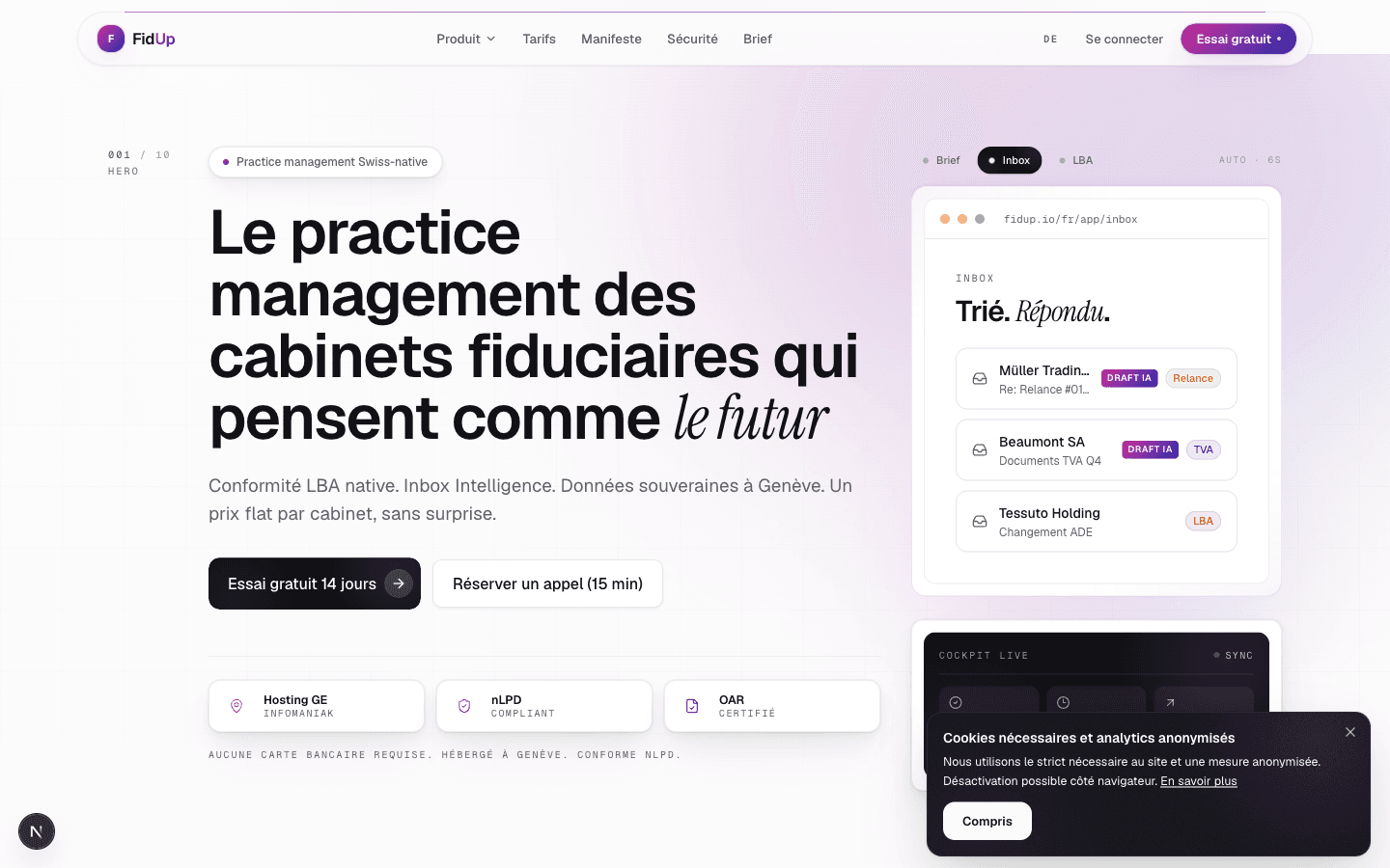 Page d'accueil de FidUp, logiciel pour cabinets fiduciaires