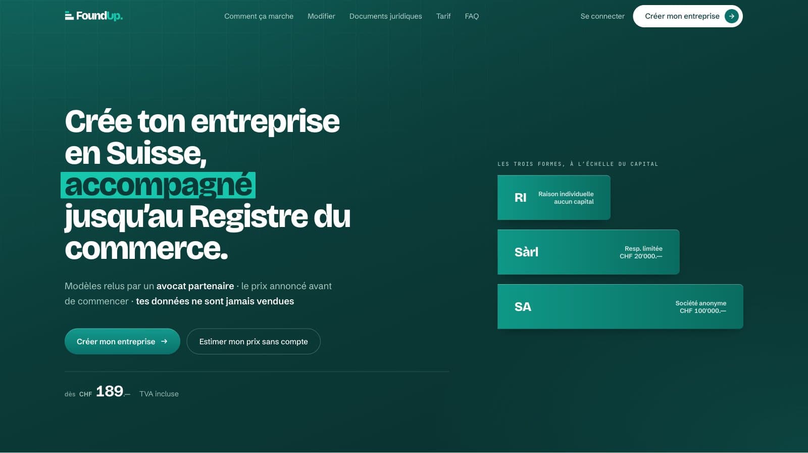 Page d'accueil de FoundUp, plateforme de création d'entreprise